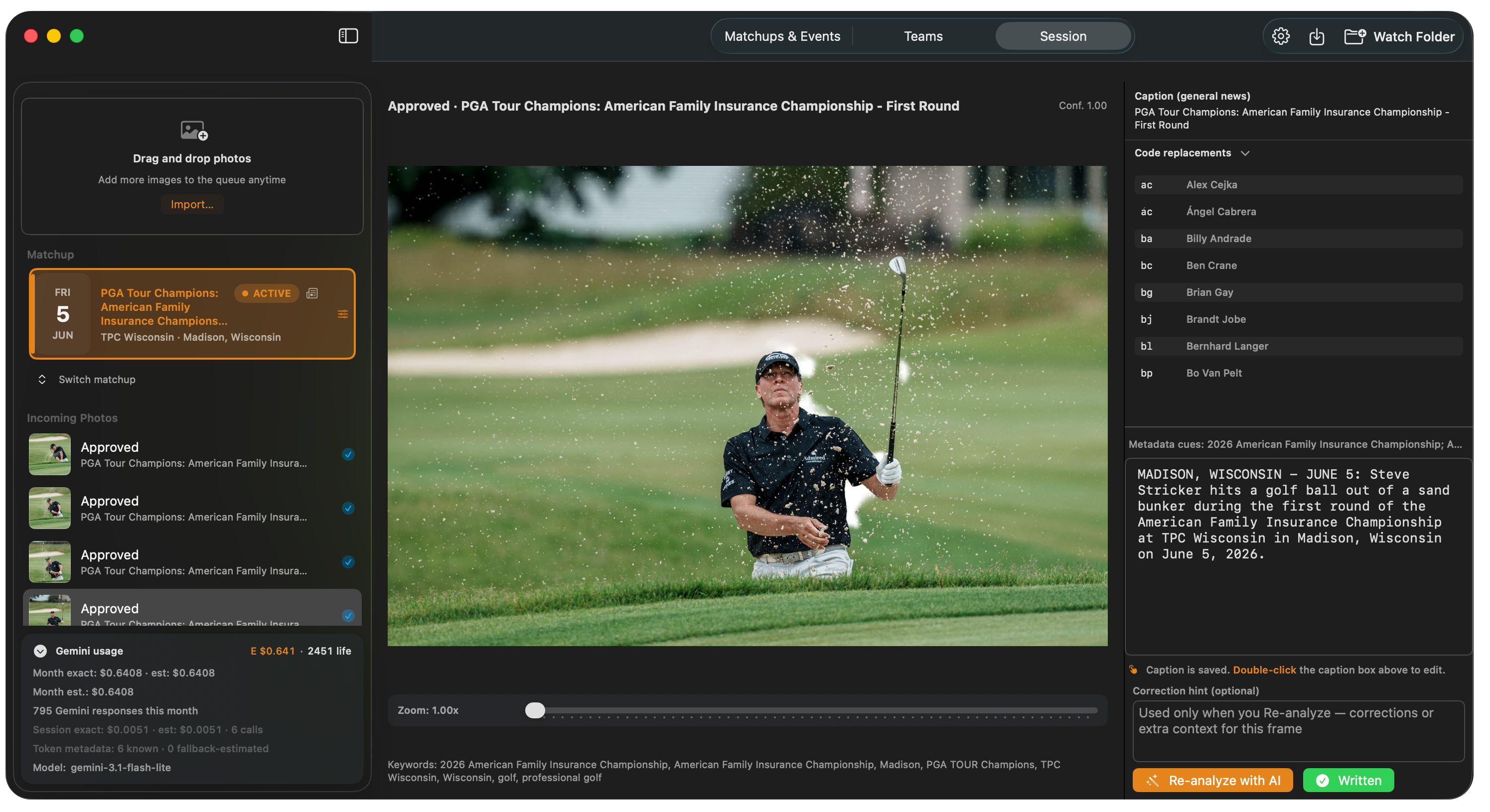 Caption Caddie Session view with AI caption review, code replacements, and re-analyze controls
