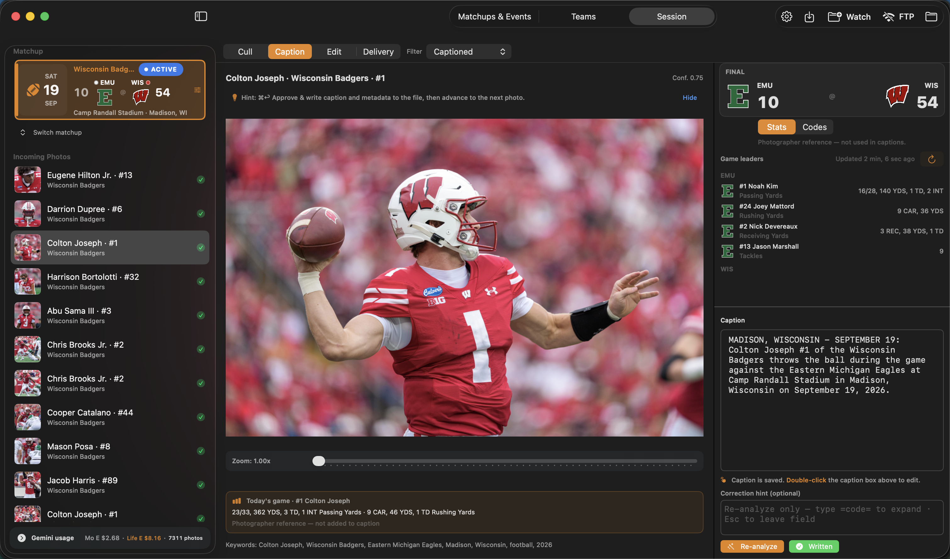 Caption Caddie Session Caption workspace with roster-aware AI caption review