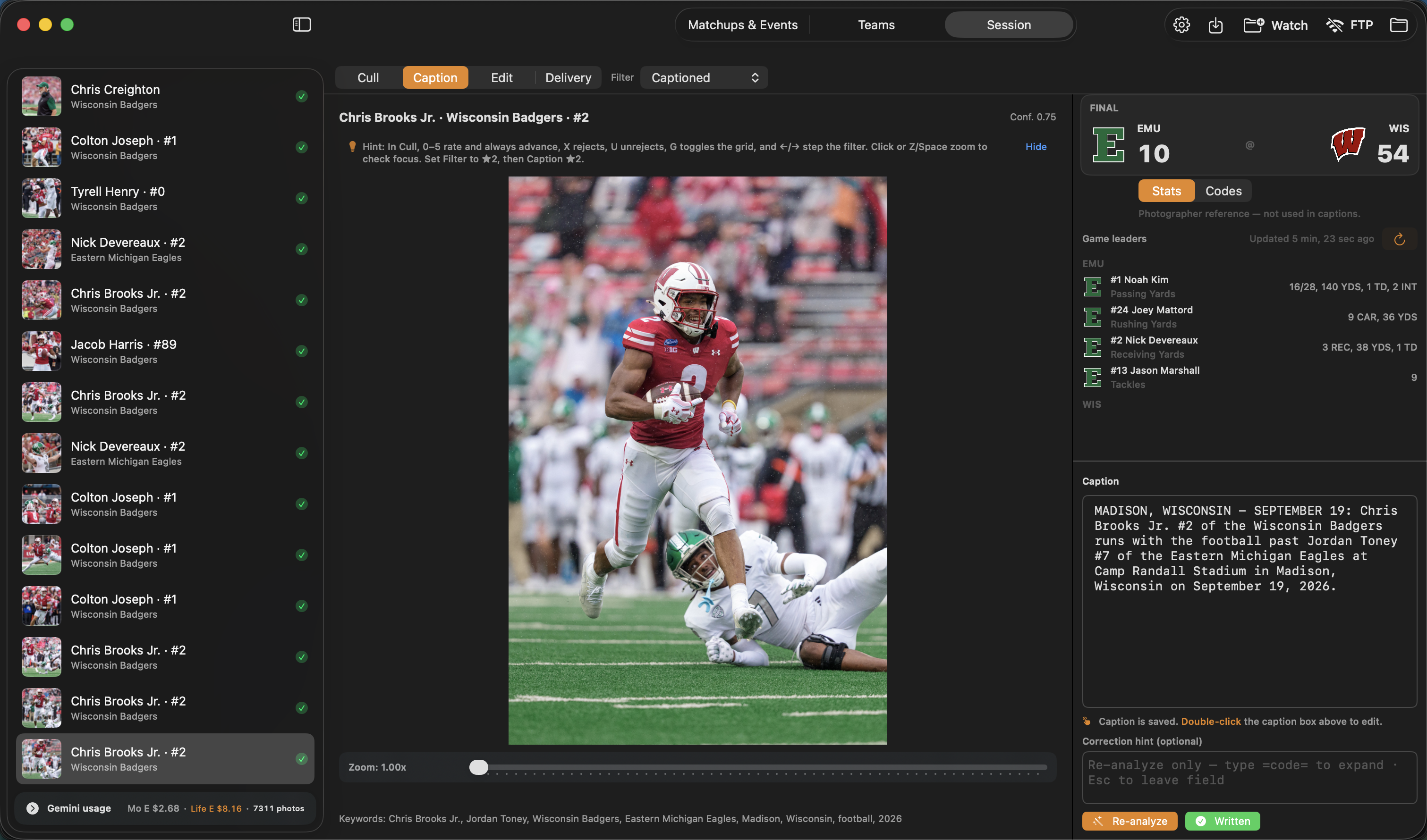 Caption Caddie 2.0 Session Caption workspace with roster-aware AI caption review