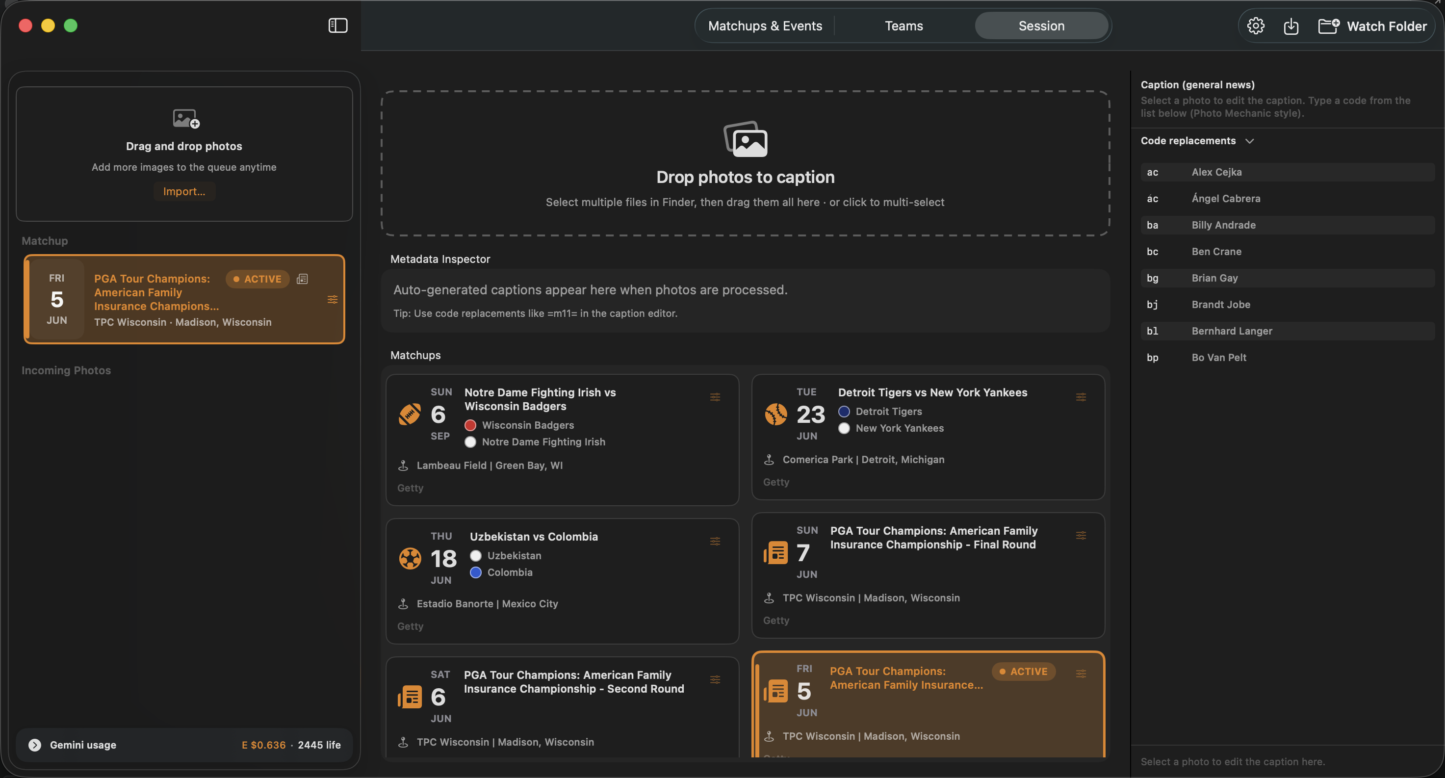 Caption Caddie Session view showing AI-generated sports photo captions and review queue
