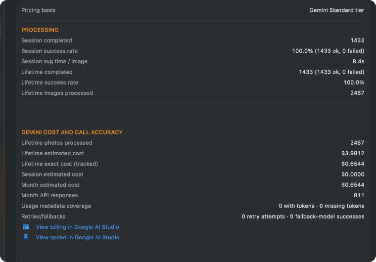 Caption Caddie Stats showing 2,467 lifetime images processed and about four dollars estimated Gemini API cost
