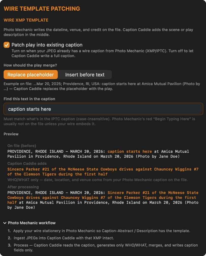 Wire XMP template patching: replace a placeholder in your Photo Mechanic caption with AI-generated play description